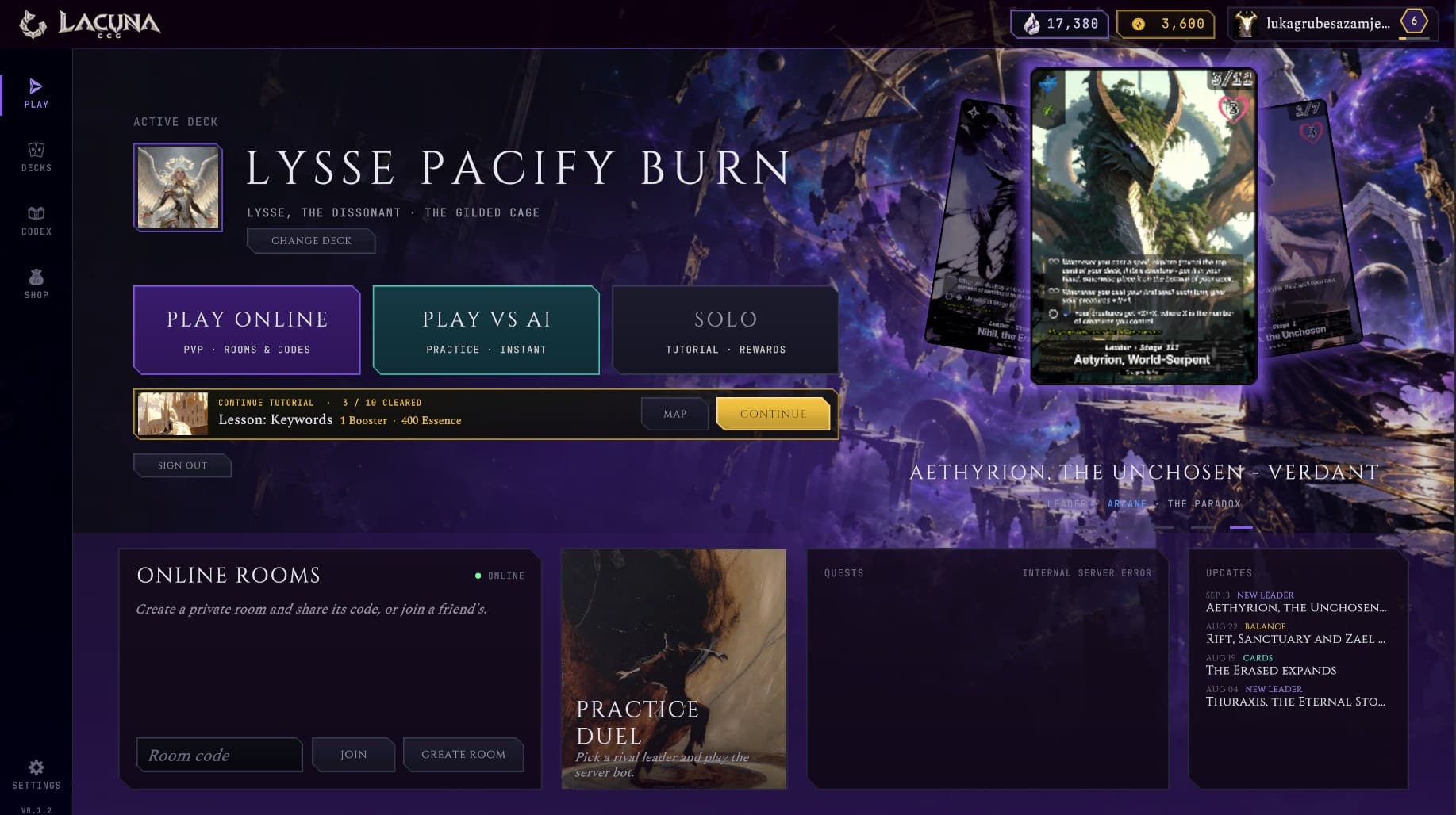 Lacuna main menu with the active deck, play modes and a featured leader card