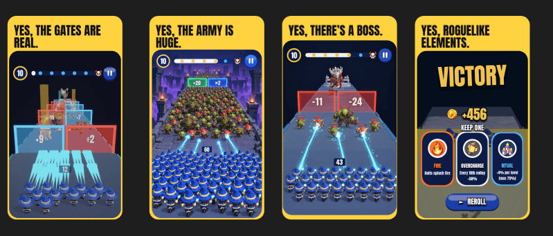 Spellchain store screenshots: gates, a huge army, a boss and roguelike rewards