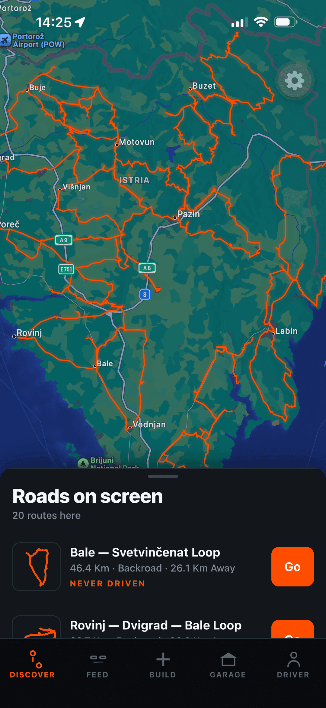 Sterza Discover map showing driving roads around Istria