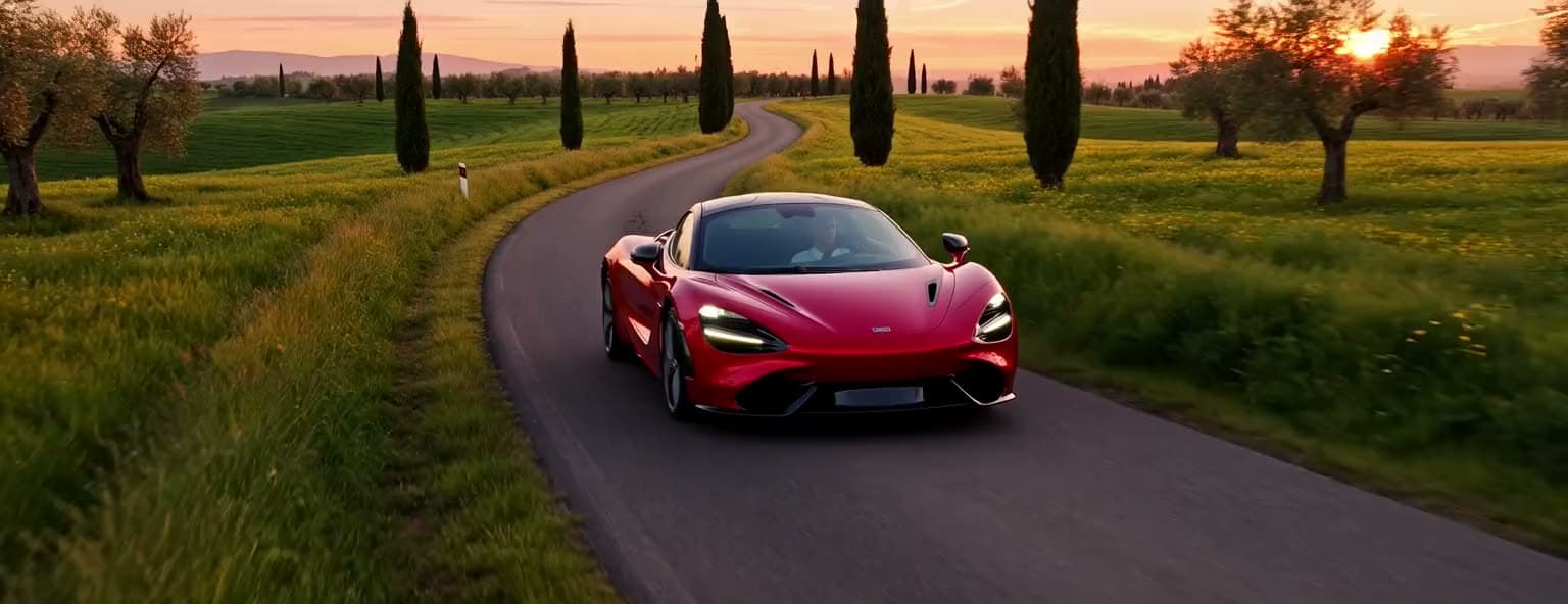 Sports car on a winding countryside road at sunset